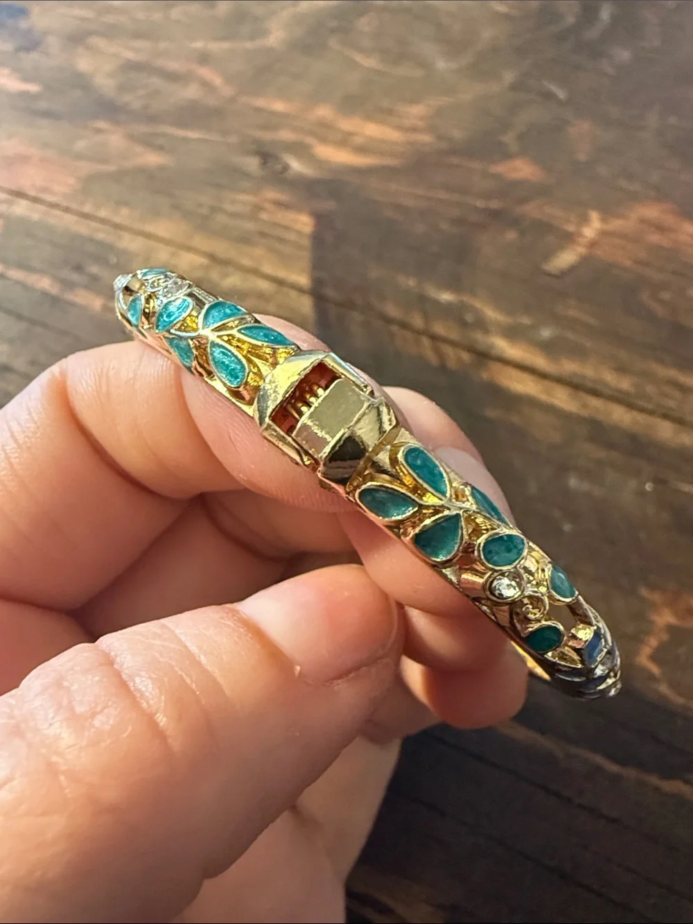 Gold Plated Blue Floral Enamel Bangle Bracelet Rhinestones